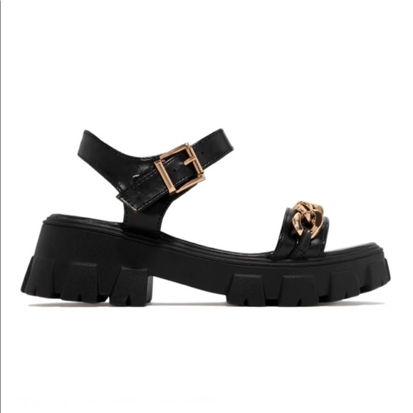 Black Chunky Platform Gold Chain Band Sandals - Picture 4 of 7